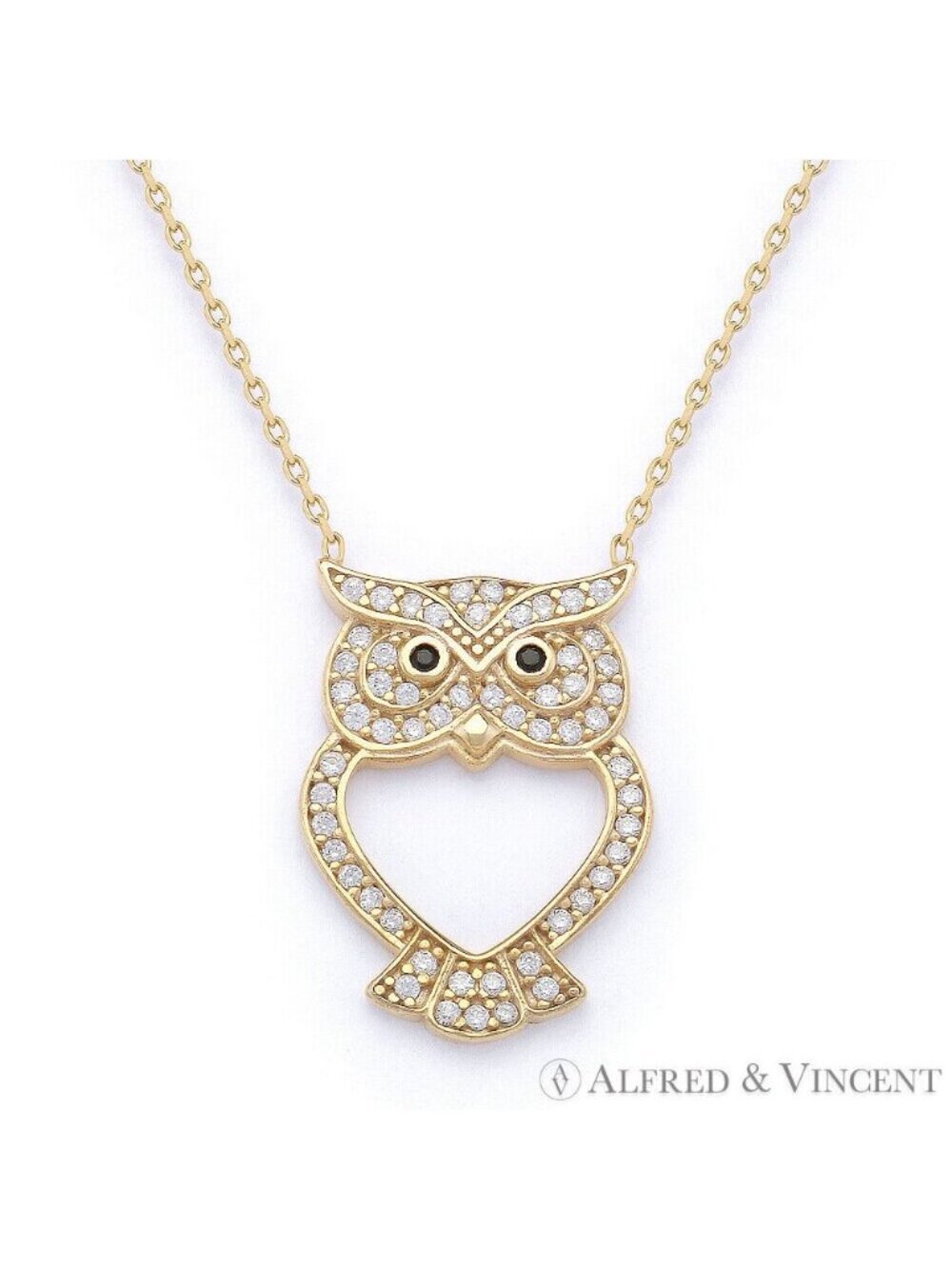 Owl Charm CZ Crystal Pendant & Chain Necklace in .925 Sterling Silver w/ YGold